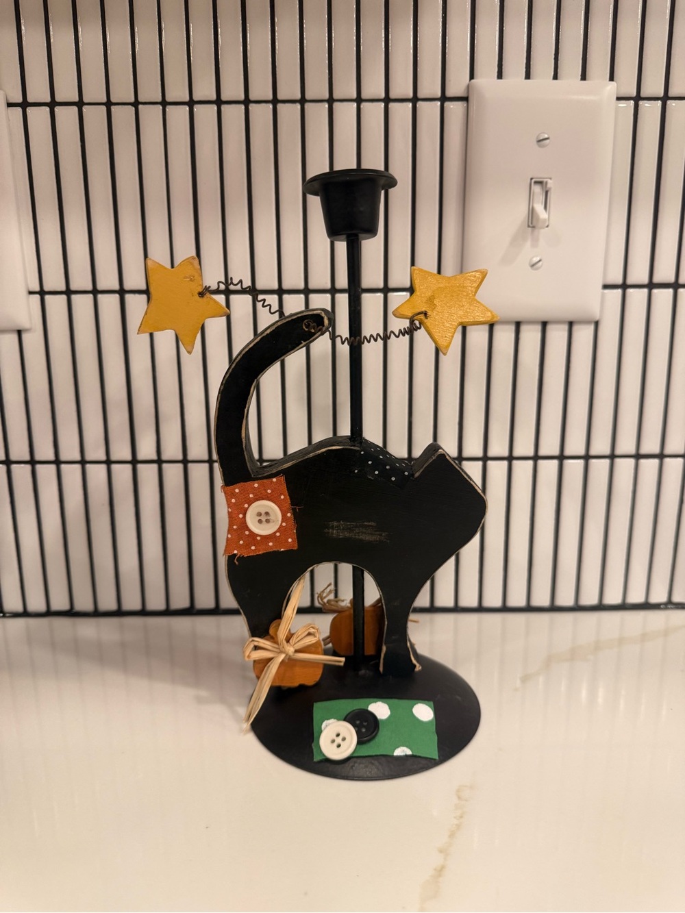 Black Decorative Cat Tealight Holder with Yellow Stars